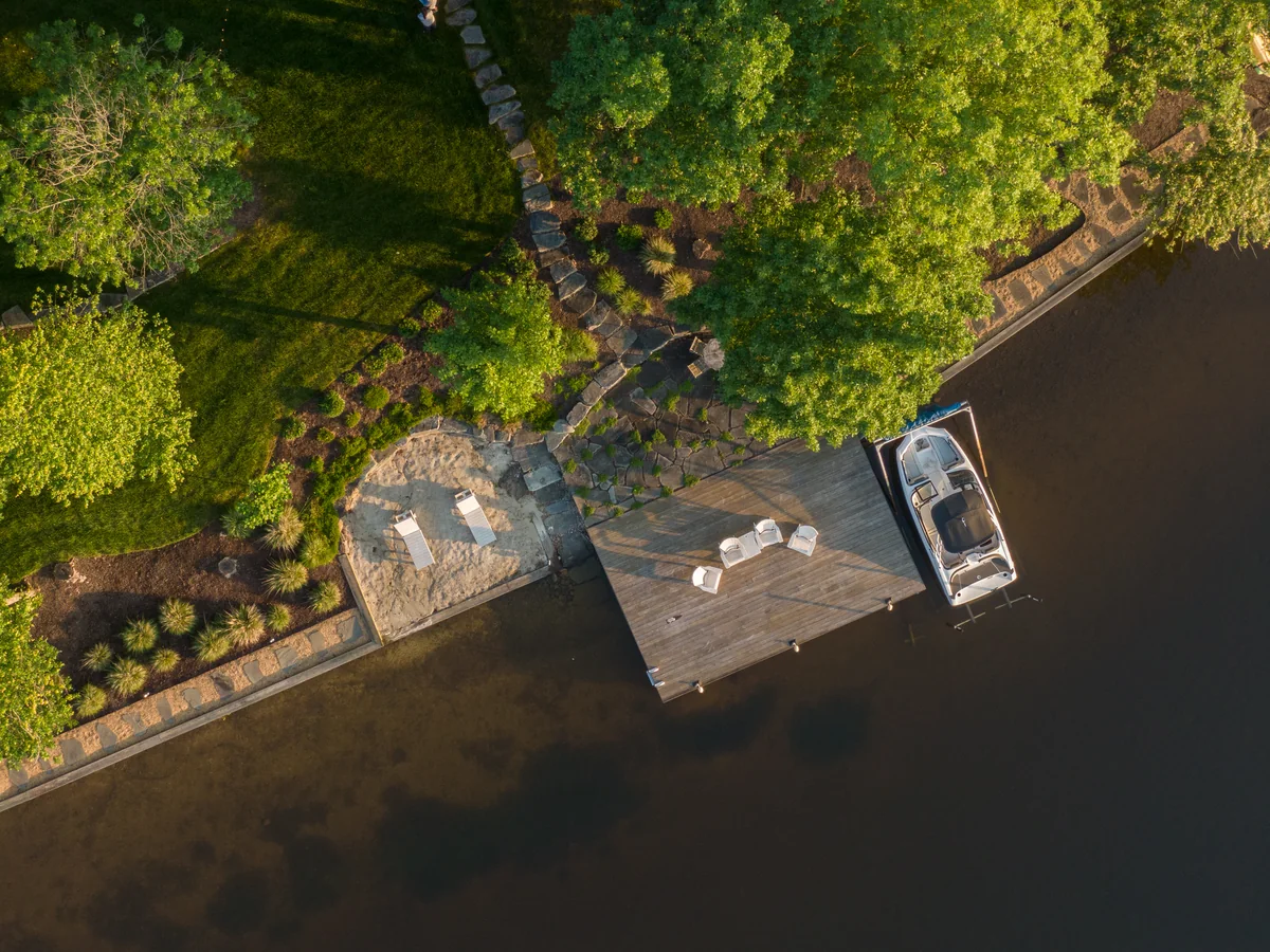 Dock and shoreline in warm evening light